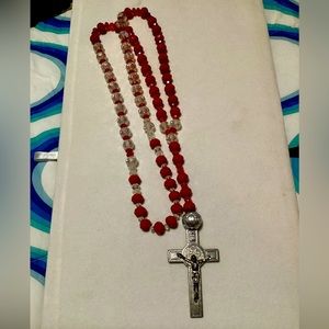 EUC red‎ & clear rosary/necklace with cross - #182